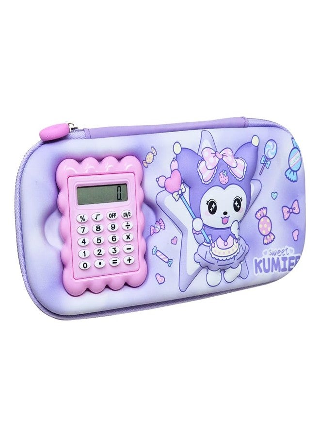 SIDAK Kitty Printed 3D Cover Pencil Case with Calculator | 2 Compartments Pencil Case and Stylish Pen Pencil Holder and School Supply Organizer Pouch for Girls (Purple) - Image 1